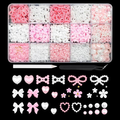 Bow & Faux Pearl Decor Nails Art Charms Kit, 1000pcs Multi-shape Nail Art Decoration, Nail Art Accessories with Tweezers & Pickup Pencil