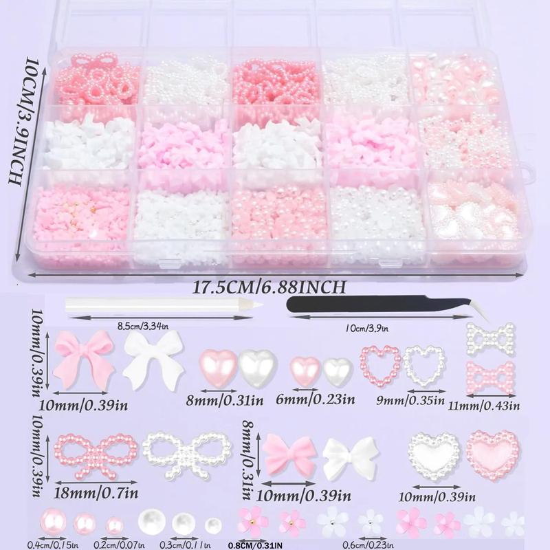 Bow & Faux Pearl Decor Nails Art Charms Kit, 1000pcs Multi-shape Nail Art Decoration, Nail Art Accessories with Tweezers & Pickup Pencil