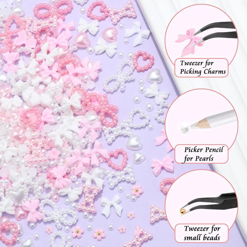 Bow & Faux Pearl Decor Nails Art Charms Kit, 1000pcs Multi-shape Nail Art Decoration, Nail Art Accessories with Tweezers & Pickup Pencil