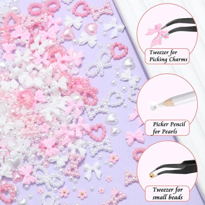 Bow & Faux Pearl Decor Nails Art Charms Kit, 1000pcs Multi-shape Nail Art Decoration, Nail Art Accessories with Tweezers & Pickup Pencil