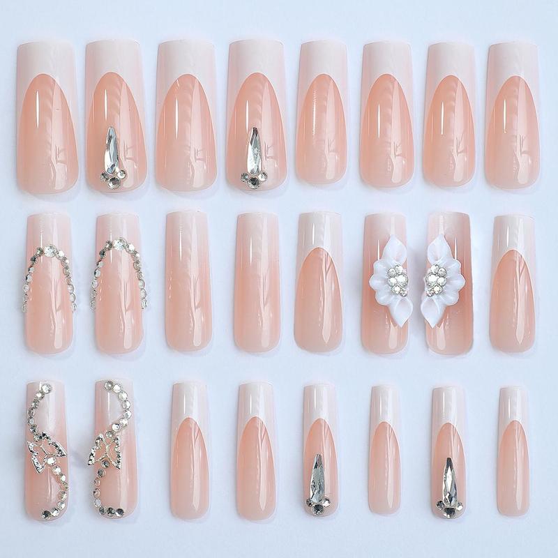 Rhinestone Decor Flower Pattern Fake Nail & 1 Sheet Tape & 1 Count Nail File, 24pcs Long Square Press On Nail For Women & Girls, Removable Nail Art Artificial Full Cover, Women Girls DIY Manicure