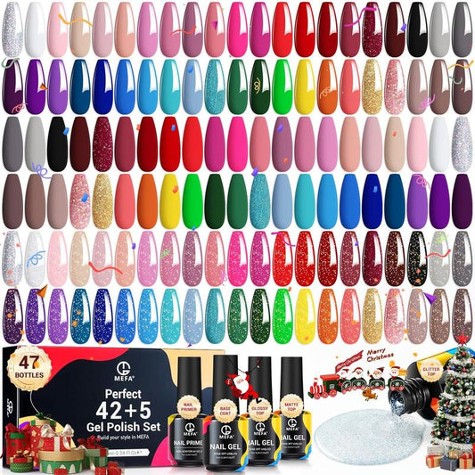 [Happy Weekend]MEFA 47 Pcs Gel Nail Polish Starter Kit, 42 Colors, 7ml each, Top Coat & Base Coat & Primer Kit Nail Art Nail Care