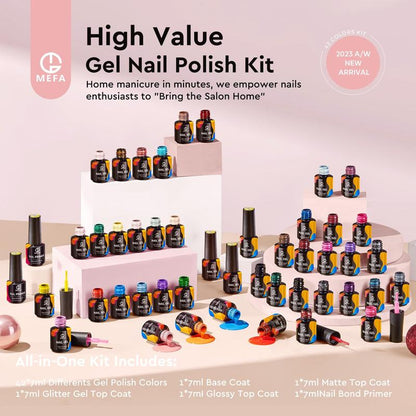 [Happy Weekend]MEFA 47 Pcs Gel Nail Polish Starter Kit, 42 Colors, 7ml each, Top Coat & Base Coat & Primer Kit Nail Art Nail Care