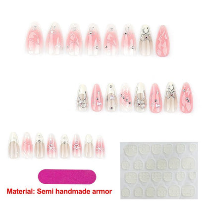 3D Bow & Star Pattern Fake Nail & 1 Sheet Tape & 1 Nail File, 24pcs/set Fashion Press on Nails for Women & Girls DIY Nail Art, Elegant Stick on Nails Kit