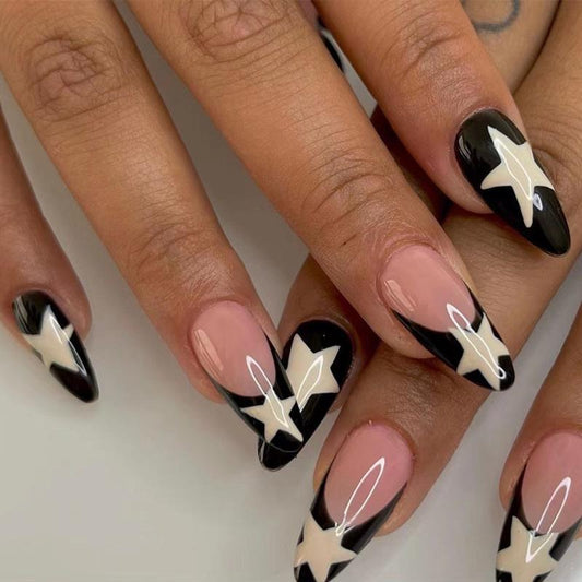 Star Pattern Fake Nails with Nail File & Sticker Sheet, Long Almond False Nails for Women & Girls DIY Nail Art, Effortless Stick On Nails Manicure Set