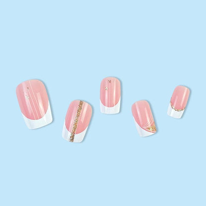 Glitter Line Pattern Fake Nail & Tape & Nail File, 24pcs French Style Short Square False Nails For Women & Girls, Removable Nail Art Artificial Full Cover, Women Girls DIY Manicure