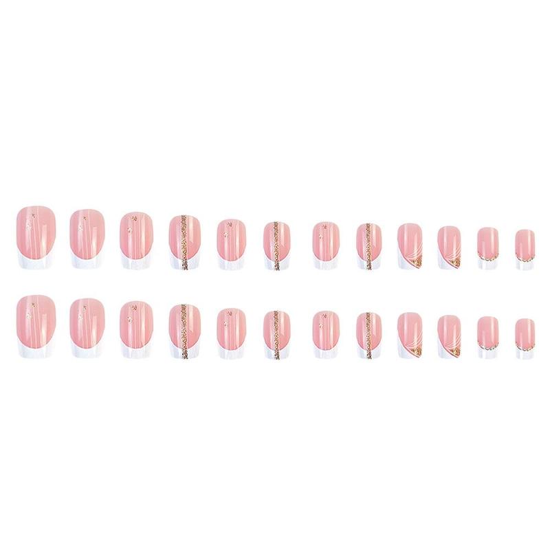 Glitter Line Pattern Fake Nail & Tape & Nail File, 24pcs French Style Short Square False Nails For Women & Girls, Removable Nail Art Artificial Full Cover, Women Girls DIY Manicure