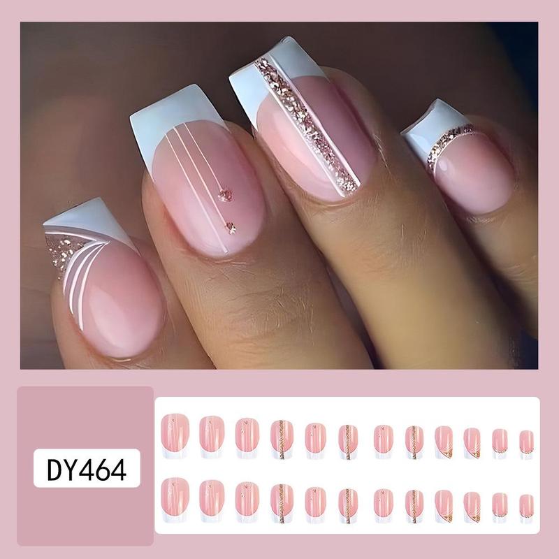 Glitter Line Pattern Fake Nail & Tape & Nail File, 24pcs French Style Short Square False Nails For Women & Girls, Removable Nail Art Artificial Full Cover, Women Girls DIY Manicure