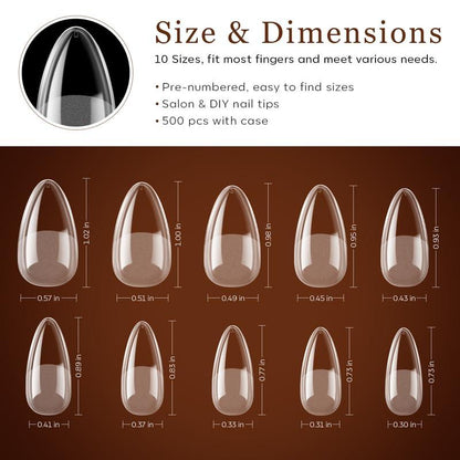 Modelones 500/216Pcs Nail Tips 10 Sizes with Box, 4 shapes, Half Matte Medium Almond, Full Matte Medium Almond, Short Coffin. Long Coffin Nail Art Manicure Gelx