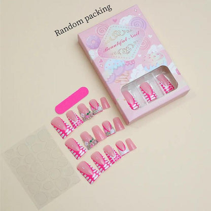 Rhinestone & Cherry Decor Fake Nails with 1 Nail File & 1 Sticker Sheet (24pcs/box), French Style Duckbill Shaped Press On Nails, Stick On Nails DIY Nail Art Kit