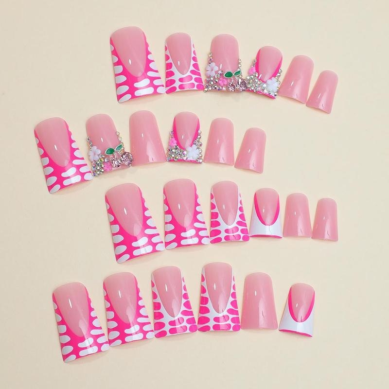 Rhinestone & Cherry Decor Fake Nails with 1 Nail File & 1 Sticker Sheet (24pcs/box), French Style Duckbill Shaped Press On Nails, Stick On Nails DIY Nail Art Kit