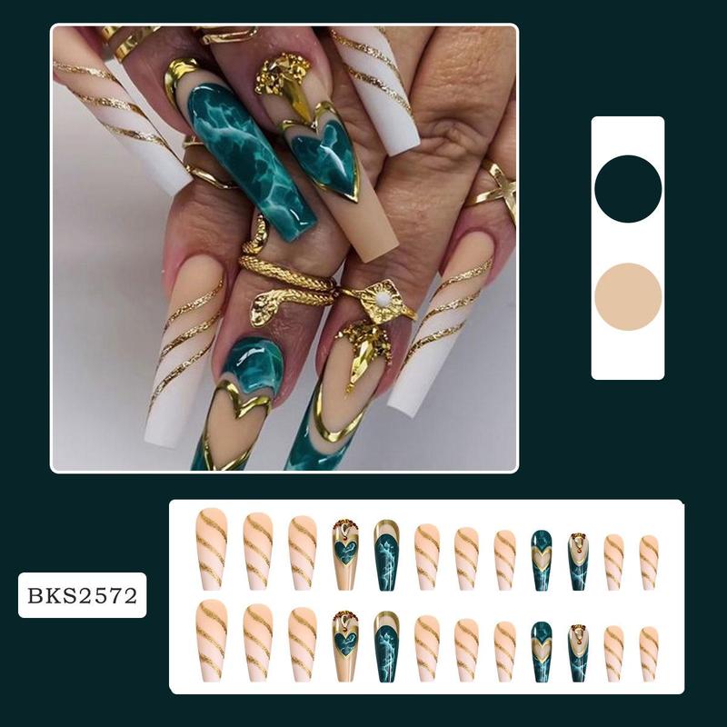 Long Square Smudged Heart Glitter Stick on Nails with Stickers & Nail File for Women Nail Art, 24pcs/set Rhinestone Decor Fashion Press on Fake Nails