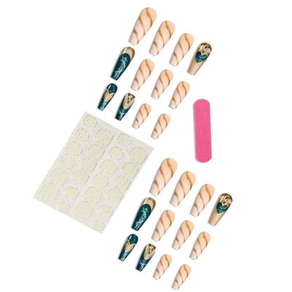 Long Square Smudged Heart Glitter Stick on Nails with Stickers & Nail File for Women Nail Art, 24pcs/set Rhinestone Decor Fashion Press on Fake Nails