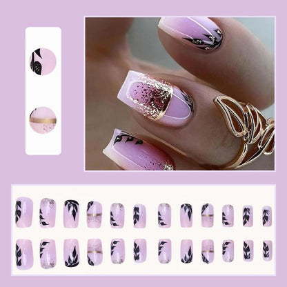 Glitter Square Fake Nail, 24pcs Leaf Pattern Press on Nail with & 1 Sheet Tape & 1 Count Nail File, Removable Nail Art Artificial Full Cover, Women Girls DIY Manicure