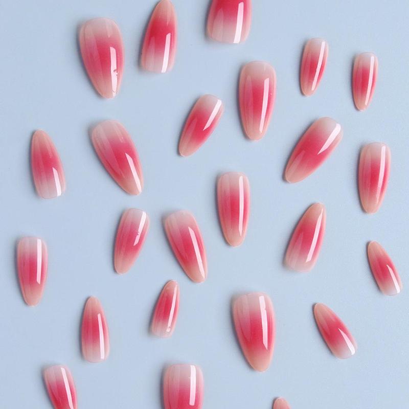 Long Almond Ombre Blush Fake Nails, 24pcs/set Reusable False Nails for Women & Girls DIY Nail Art, French Style Press On Nails, Manicure Accessories