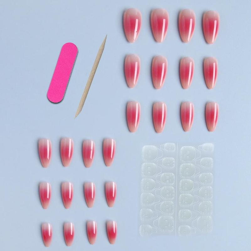 Long Almond Ombre Blush Fake Nails, 24pcs/set Reusable False Nails for Women & Girls DIY Nail Art, French Style Press On Nails, Manicure Accessories