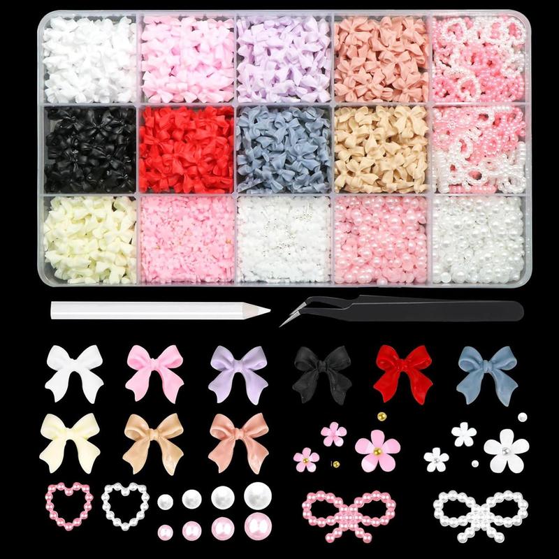 Bow and Faux Pearl Decor Nail Art Charms, 1000pcs Multi-shape Nail Art Decoration with Tweezers & Pickup Pencil, DIY Materials for Nail Art Decoration & Jewelry Making