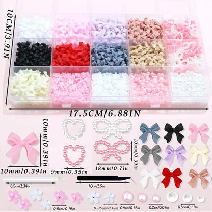 Bow and Faux Pearl Decor Nail Art Charms, 1000pcs Multi-shape Nail Art Decoration with Tweezers & Pickup Pencil, DIY Materials for Nail Art Decoration & Jewelry Making