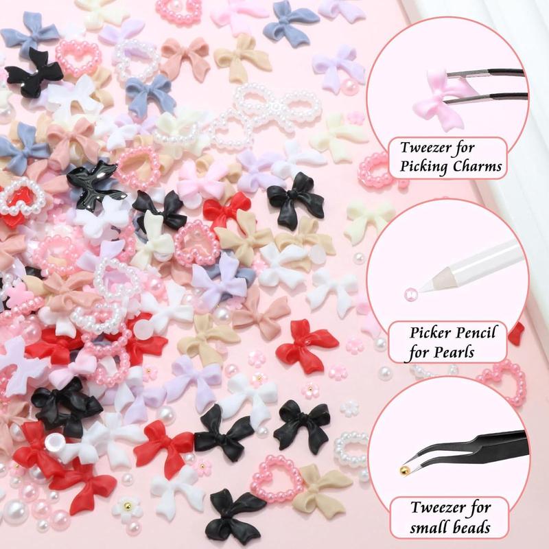 Bow and Faux Pearl Decor Nail Art Charms, 1000pcs Multi-shape Nail Art Decoration with Tweezers & Pickup Pencil, DIY Materials for Nail Art Decoration & Jewelry Making