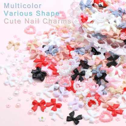 Bow and Faux Pearl Decor Nail Art Charms, 1000pcs Multi-shape Nail Art Decoration with Tweezers & Pickup Pencil, DIY Materials for Nail Art Decoration & Jewelry Making