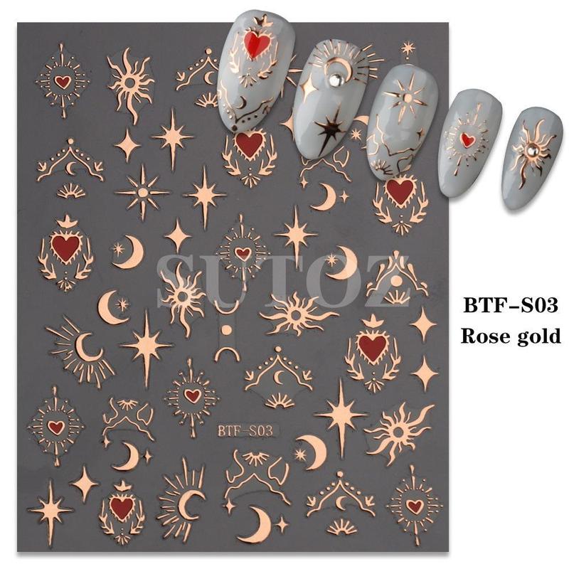 Gorgeous 3D Nail Art Stickers, 1 Count Golden Sun Moon Star Stripe Line Decals, Perfect For DIY Nail Decoration & French Nail Design