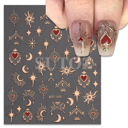 Gorgeous 3D Nail Art Stickers, 1 Count Golden Sun Moon Star Stripe Line Decals, Perfect For DIY Nail Decoration & French Nail Design