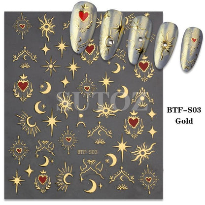 Gorgeous 3D Nail Art Stickers, 1 Count Golden Sun Moon Star Stripe Line Decals, Perfect For DIY Nail Decoration & French Nail Design