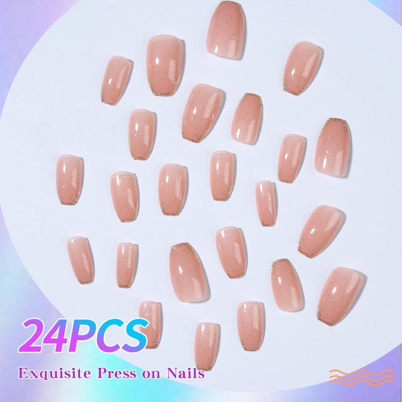 Glitter Fake Nails with 1 Nail File, 1 Stick & 1 Sticker Sheet, 24pcs Short Square False Nails for Women & Girls DIY Nail Art