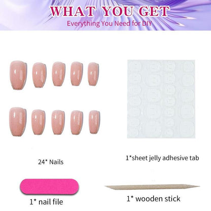 Glitter Fake Nails with 1 Nail File, 1 Stick & 1 Sticker Sheet, 24pcs Short Square False Nails for Women & Girls DIY Nail Art