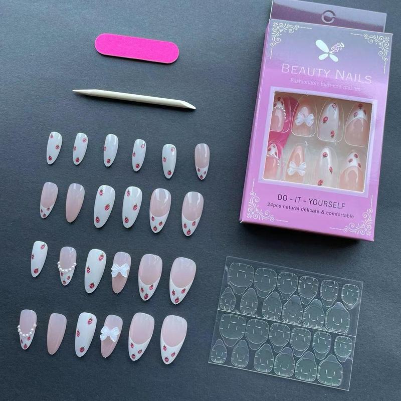 Strawberry & Bowknot Pattern Fake Nails with Nail File & Sticker Sheet, Removable False Nails for Women & Girls DIY Nail Art, Effortless Manicure Set