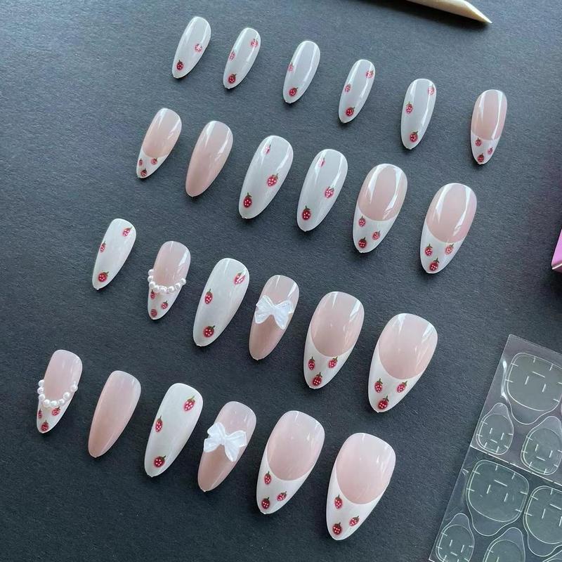 Strawberry & Bowknot Pattern Fake Nails with Nail File & Sticker Sheet, Removable False Nails for Women & Girls DIY Nail Art, Effortless Manicure Set