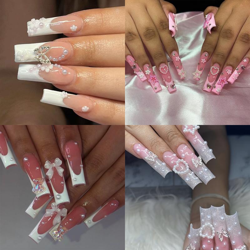 CLEARANCE!!! 96Pcs(4 sets) Long Coffin Shape Manicure Press-On Nails Elegant Pink and White Design, Nail File & Adhesive Tape Included,Chic and Polished Nail Art Kit Suitable for Daily Use for Woman and Girls