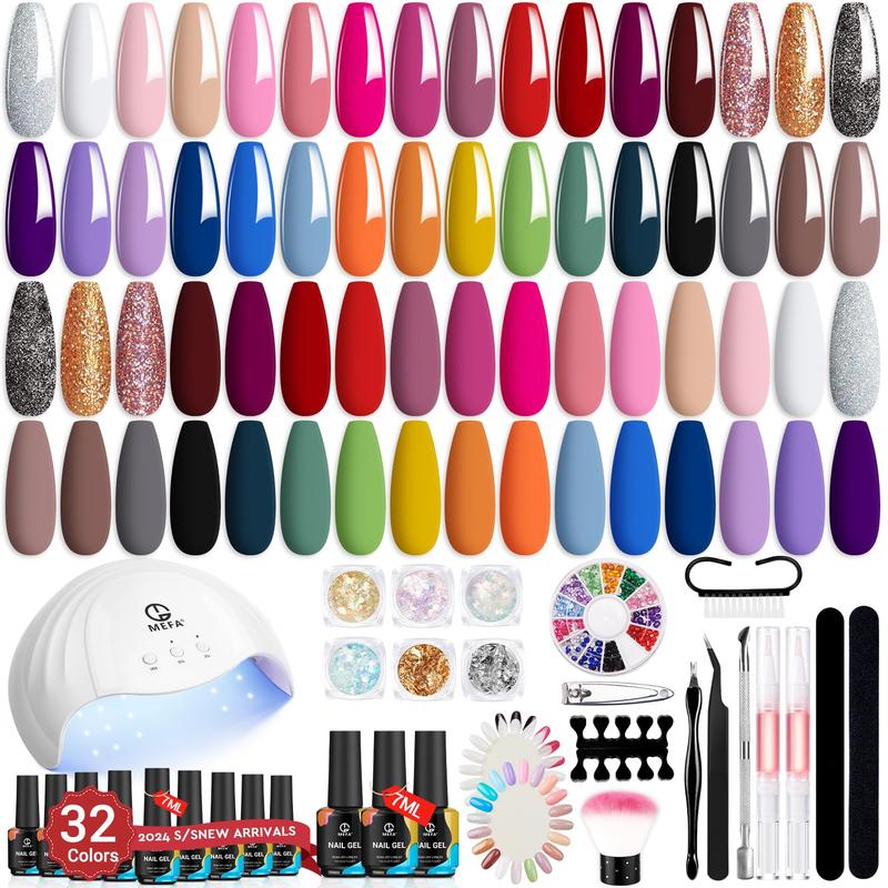 MEFA 56 Pcs Gel Nail Polish Kit with U V Light, 32 Colors All Seasons Soak Off Gel Polish Nail Set with Matte/Glossy Base Top Coat Essential Manicure Tools Nails Art DIY Salon