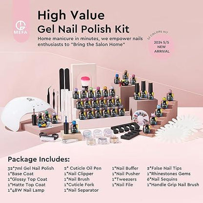 MEFA 56 Pcs Gel Nail Polish Kit with U V Light, 32 Colors All Seasons Soak Off Gel Polish Nail Set with Matte/Glossy Base Top Coat Essential Manicure Tools Nails Art DIY Salon