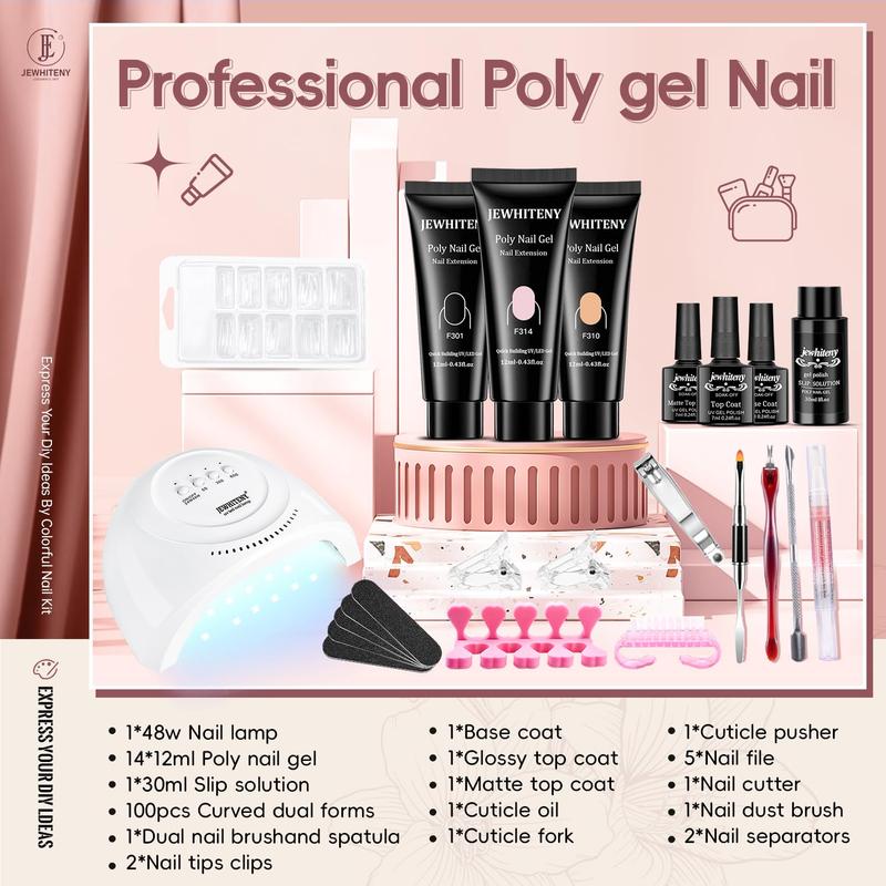 JEWHITENY Poly Extension Gel Nail Kit With 48W LED Nail Lamp 14 Colors Builder Extension Gel All-in-One French Kit Nail Art Design Beginner Kit