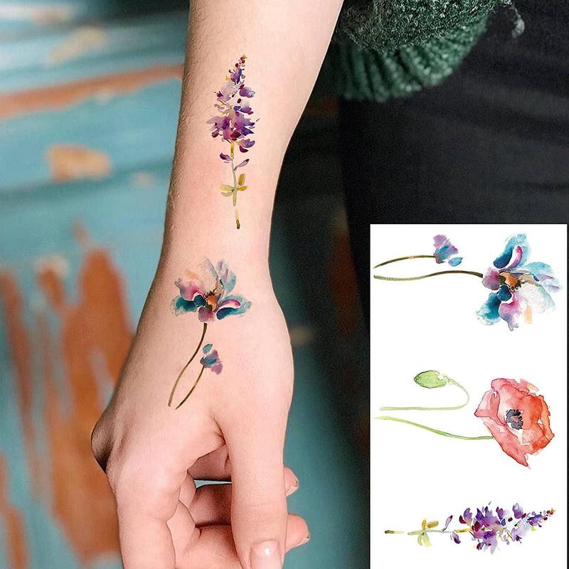 12 Sheets Lavender Flower Temporary Tattoo Sticker, Fake Flora Arm Temporary Tattoos, Waterproof Body Art Sticker For Men & Women