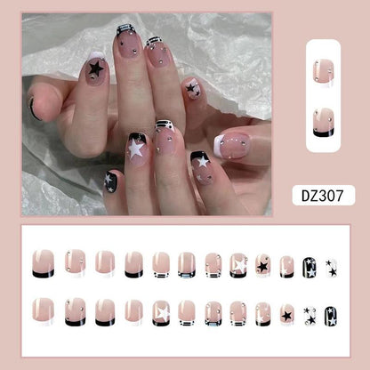 Star & Striped Pattern Fake Nail, Short Square False Nail for Women & Girls, Removable Nail Art Artificial Full Cover, Women Girls DIY Manicure