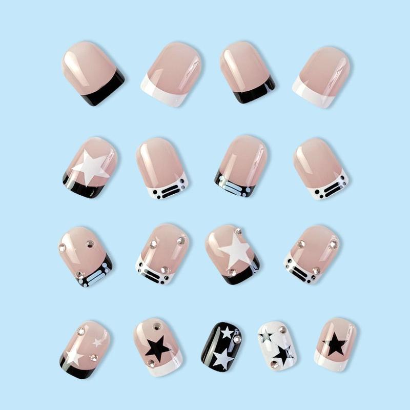 Star & Striped Pattern Fake Nail, Short Square False Nail for Women & Girls, Removable Nail Art Artificial Full Cover, Women Girls DIY Manicure