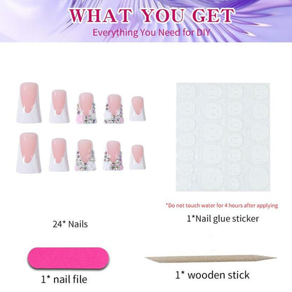 Rhinestone Decor Flower Pattern Fake Nail & Sheet Tape & Nail File, Long Square False Nails for Women & Girls, Removable Nail Art Artificial Full Cover, Women Girls DIY Manicure