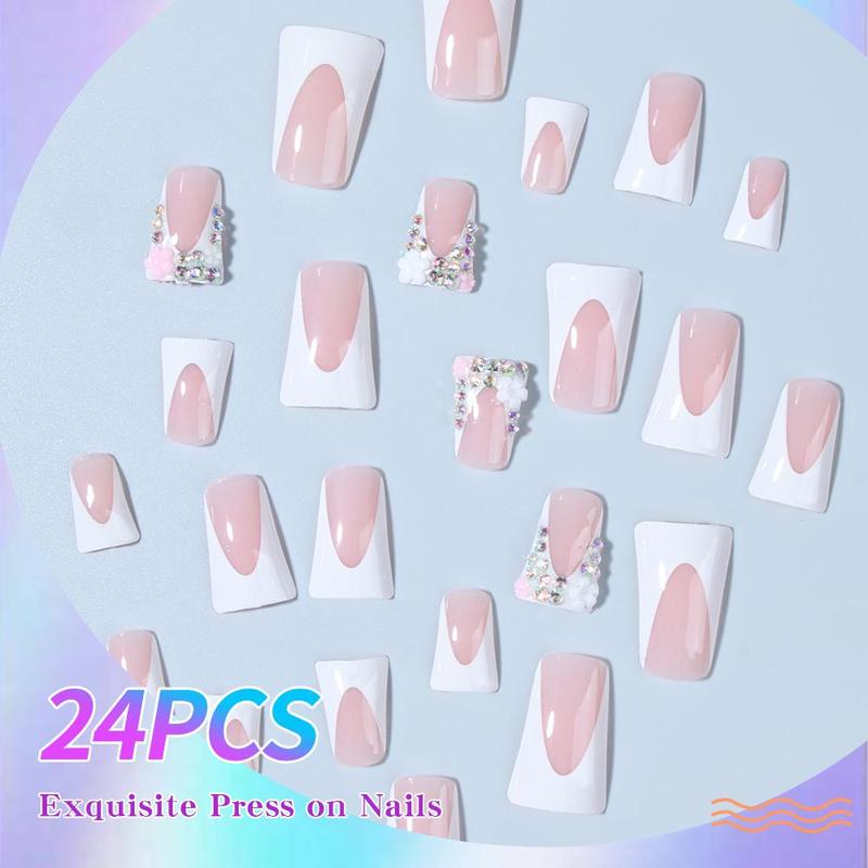 Rhinestone Decor Flower Pattern Fake Nail & Sheet Tape & Nail File, Long Square False Nails for Women & Girls, Removable Nail Art Artificial Full Cover, Women Girls DIY Manicure