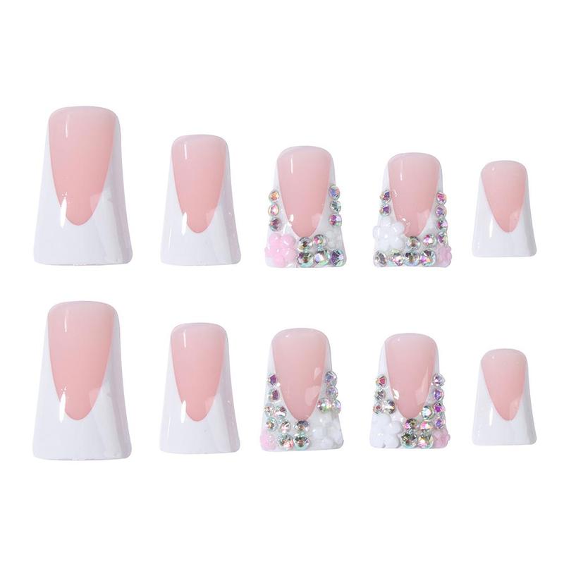 Rhinestone Decor Flower Pattern Fake Nail & Sheet Tape & Nail File, Long Square False Nails for Women & Girls, Removable Nail Art Artificial Full Cover, Women Girls DIY Manicure