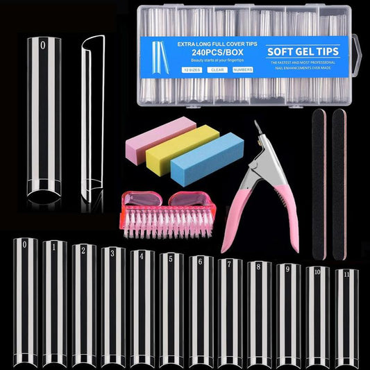 Clear Nail Tips & Auxiliary Tools, 240pcs/set Extra Long Half Cover Acrylic Nail Tips with Nail Trimmer & File & Brush & Buffer Block, Nail Art Kits for Nail Salon and Household Use