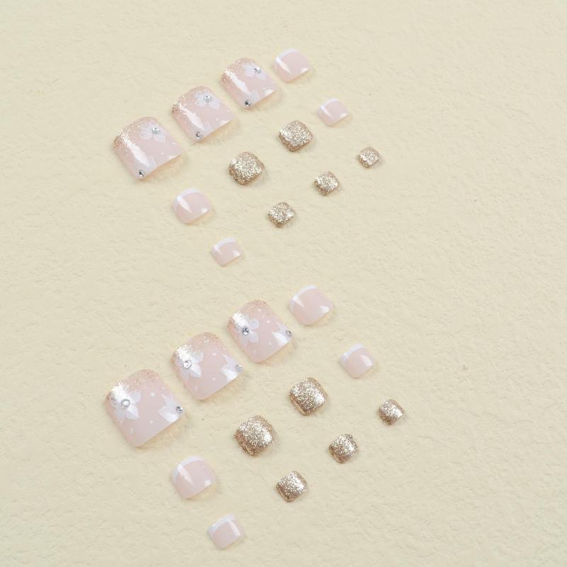 Fashion Press on Nails, 24pcs/set Glossy Glitter French Style Floral Pattern Short Fake Toenails for Women & Girls, Acrylic Press ons Toenail