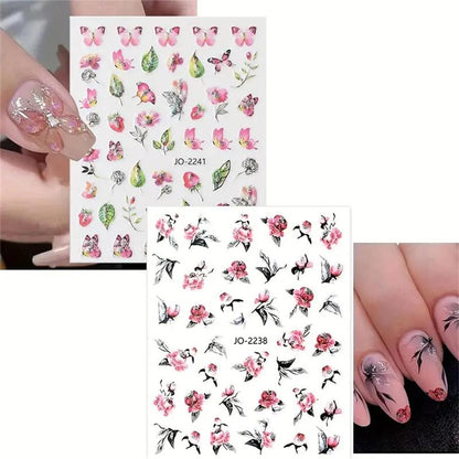 Floral Pattern Glitter Nail Art Sticker, 9pcs Self Adhesive Nail Decal, Nail Art Decoration for Women & Girls