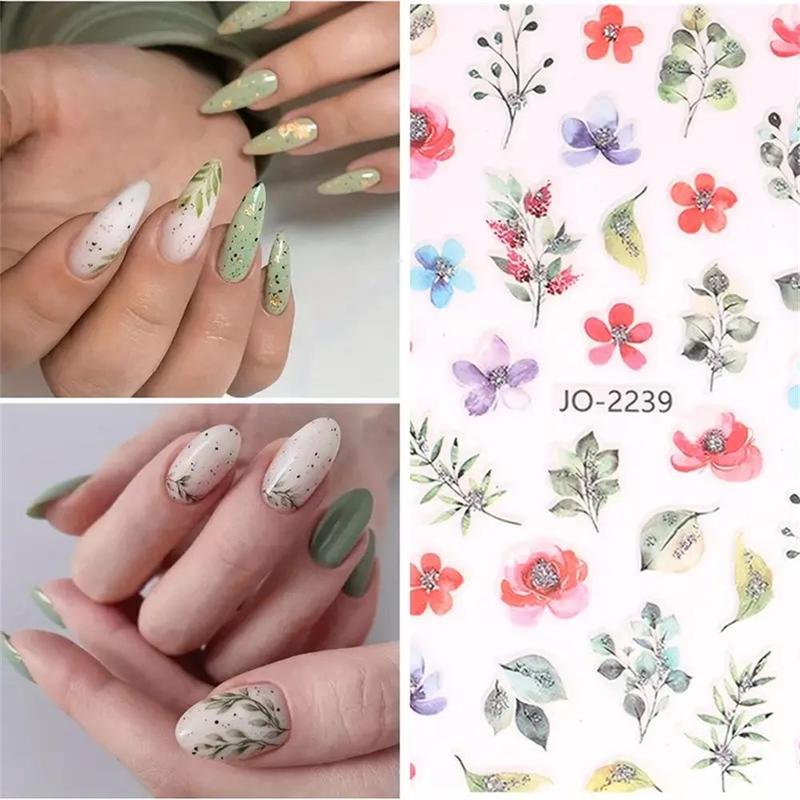 Floral Pattern Glitter Nail Art Sticker, 9pcs Self Adhesive Nail Decal, Nail Art Decoration for Women & Girls