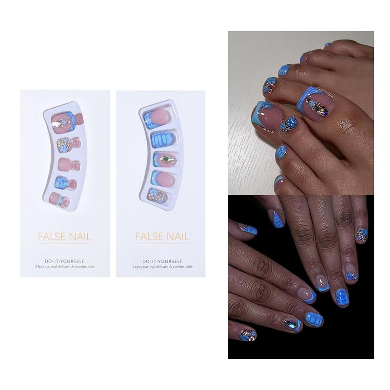 Blue French Flower Fake Nails Set, 1 Box Fake Toenails & 1 Box Fake Fingernails, 2 Nail Files & 2 Sheet Stickers & 2 Wood Sticks, Elegant Stick on Nails Kit