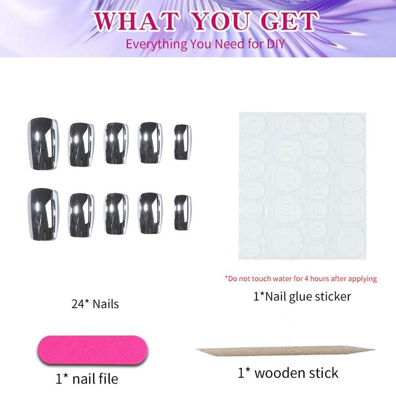 Fashion Fake Nails, 24pcs Square Elegant Press on Nail & 1 Sheet Tape & 1 Nail File & 1 Wooden Stick, Removable Full Cover Nail Art, Women Manicure Accessories