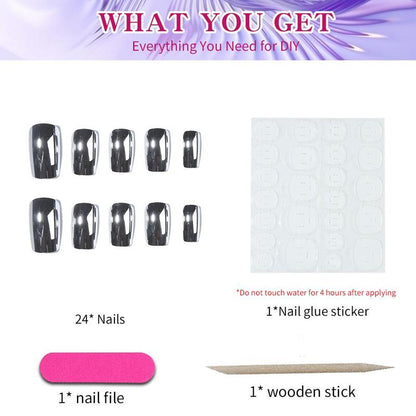 Fashion Fake Nails, 24pcs Square Elegant Press on Nail & 1 Sheet Tape & 1 Nail File & 1 Wooden Stick, Removable Full Cover Nail Art, Women Manicure Accessories