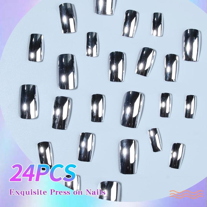 Fashion Fake Nails, 24pcs Square Elegant Press on Nail & 1 Sheet Tape & 1 Nail File & 1 Wooden Stick, Removable Full Cover Nail Art, Women Manicure Accessories