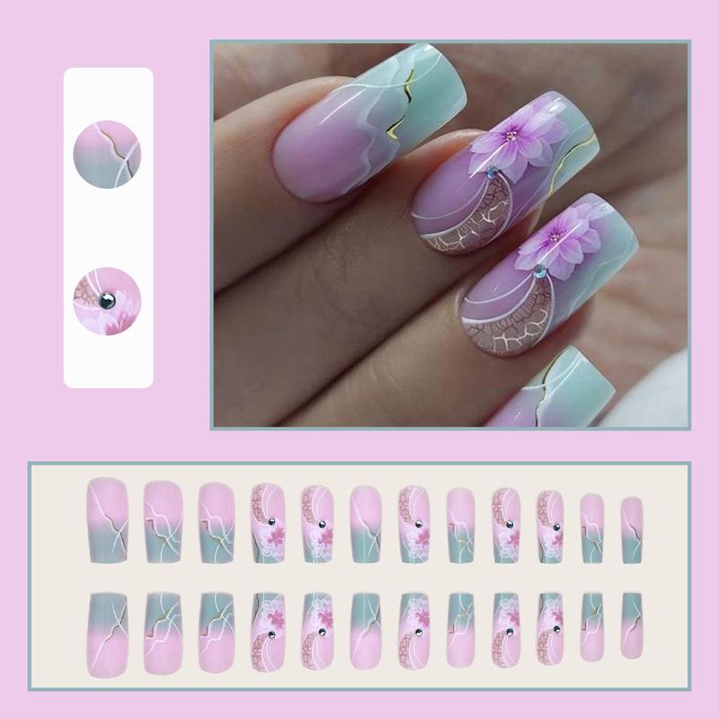 Floral Pattern Long Square Fake Nail, 24pcs Gradient Color Press on Nail for Women & Girls, Removable Nail Art Artificial Full Cover, Women Girls DIY Manicure